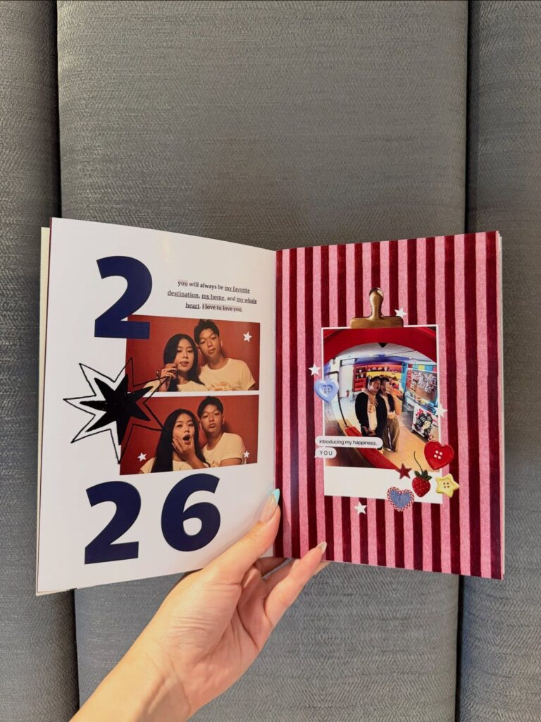 Open scrapbook with photos of a couple, the year 2026, and red stripes.