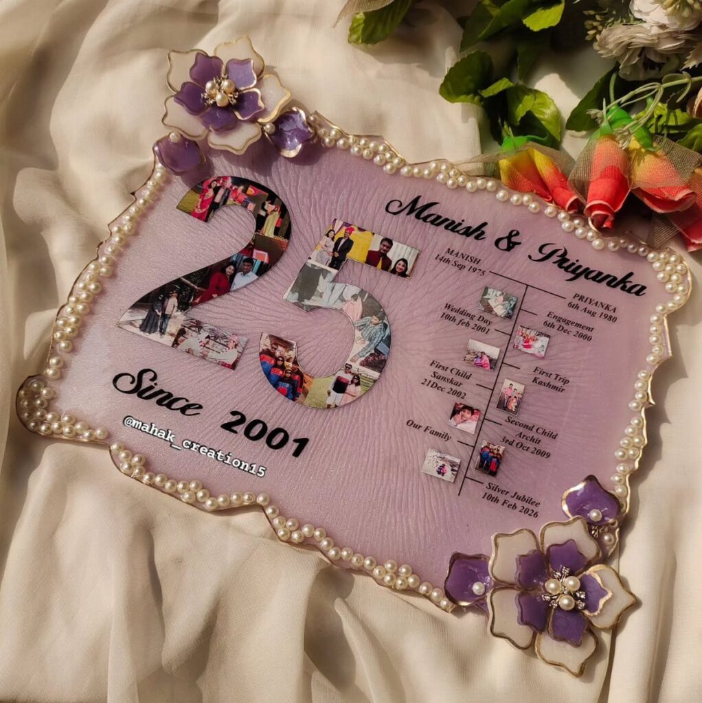 Purple anniversary plaque with a photo collage in the number 25 and pearls.