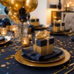 A dining table set with gold and black decorations for a birthday party