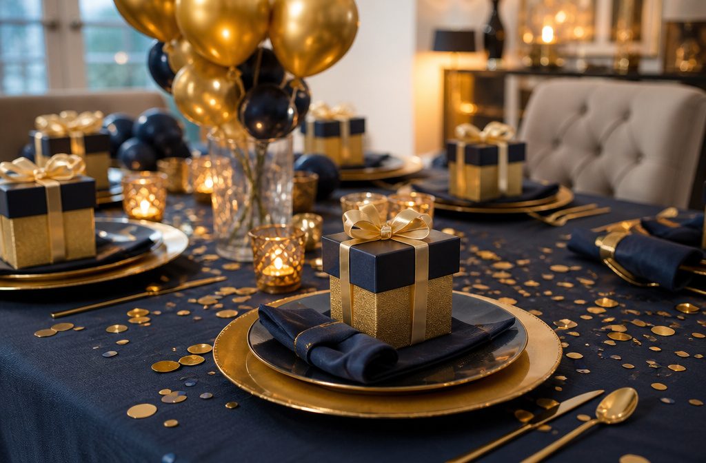 A dining table set with gold and black decorations for a birthday party