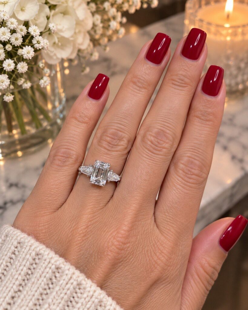 Diamond ring with emerald cut center stone on a hand with red nails