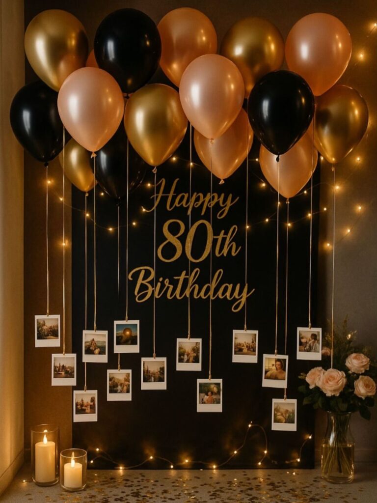 80th birthday party decoration with gold balloons, polaroid photos, and fairy lights