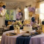 A beautifully decorated living room for a 90th birthday celebration with balloons and banners.