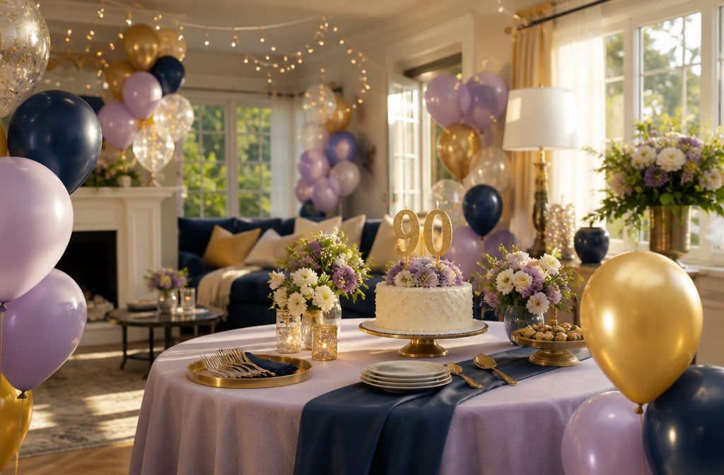 A beautifully decorated living room for a 90th birthday celebration with balloons and banners.