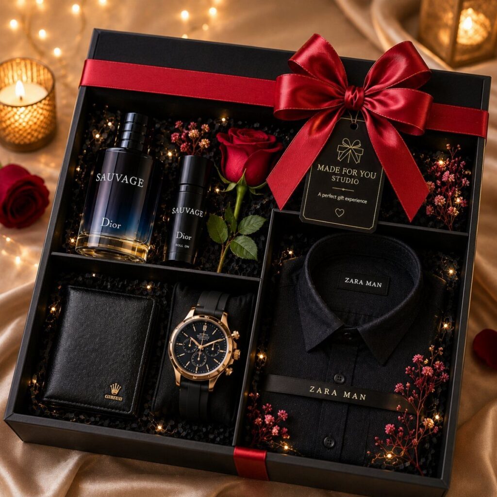 Luxury gift box for men with perfume, watch, wallet, shirt, and red rose.