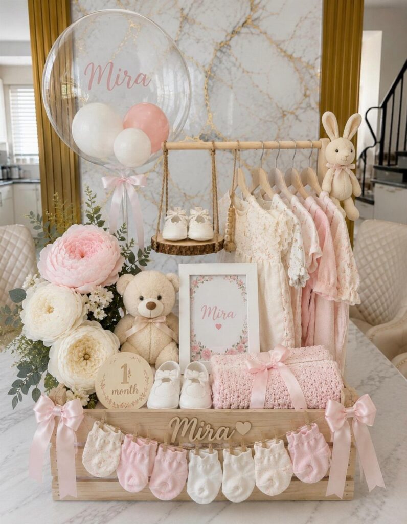 Baby shower gift crate with pink clothes, teddy bear, and personalized balloons.