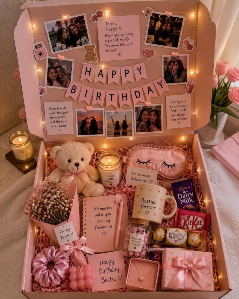Pink birthday gift box filled with treats, photos, and a teddy bear.