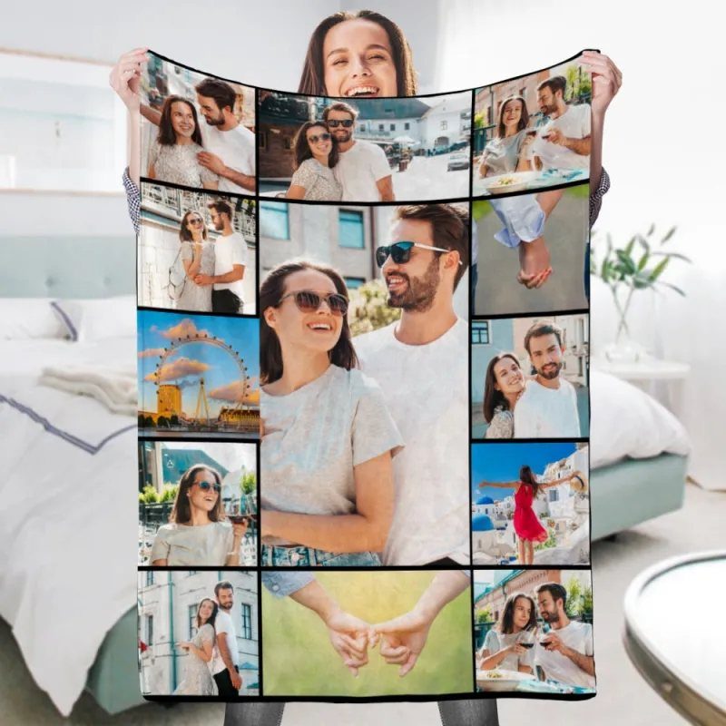 Woman holding a custom photo blanket featuring a collage of couple travel pictures.