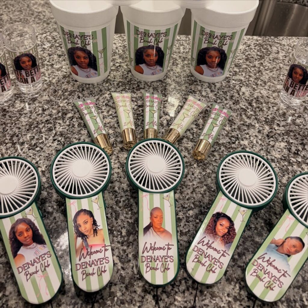 Customized party favors including fans, buckets, and lip gloss for a beach club party.