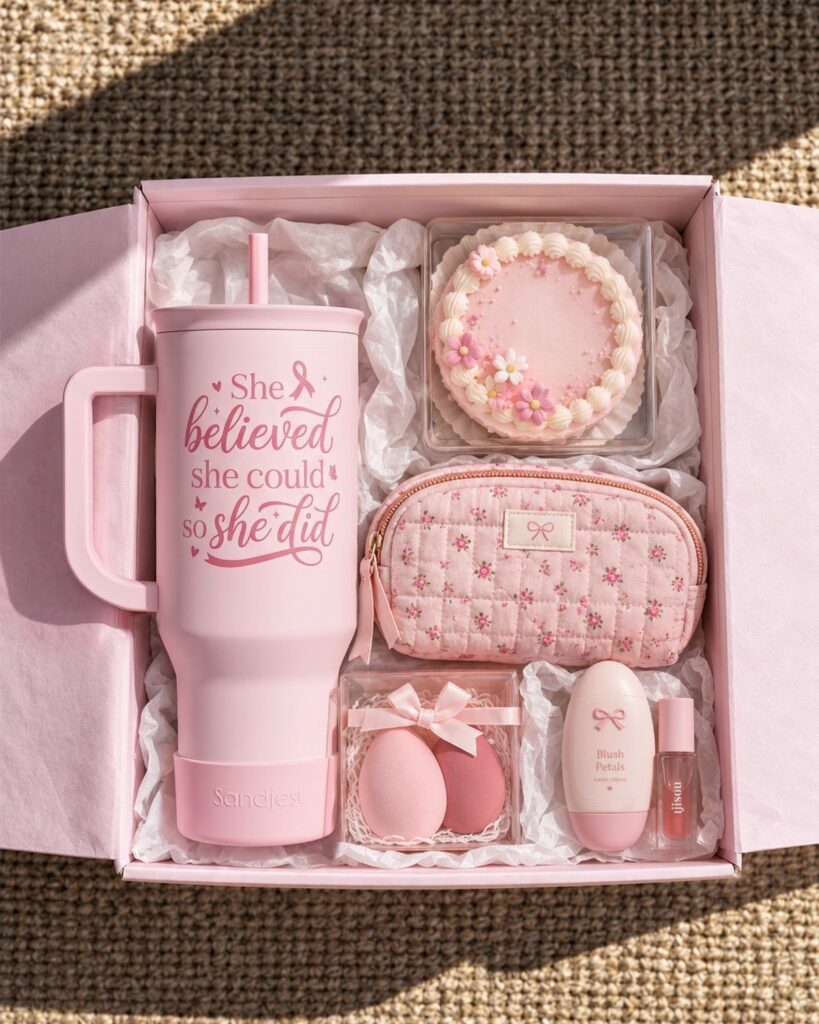 Pink gift box filled with a tumbler, cake, makeup pouch, and skincare products.