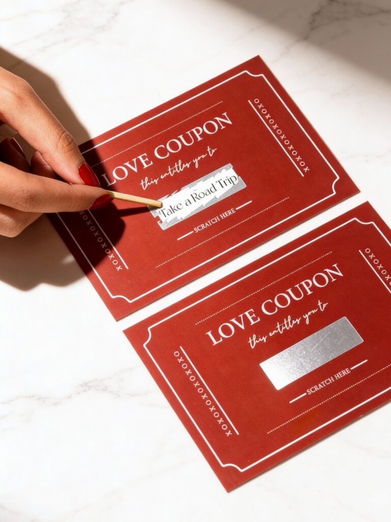 Red love coupons on marble, one being scratched to reveal a road trip favor.