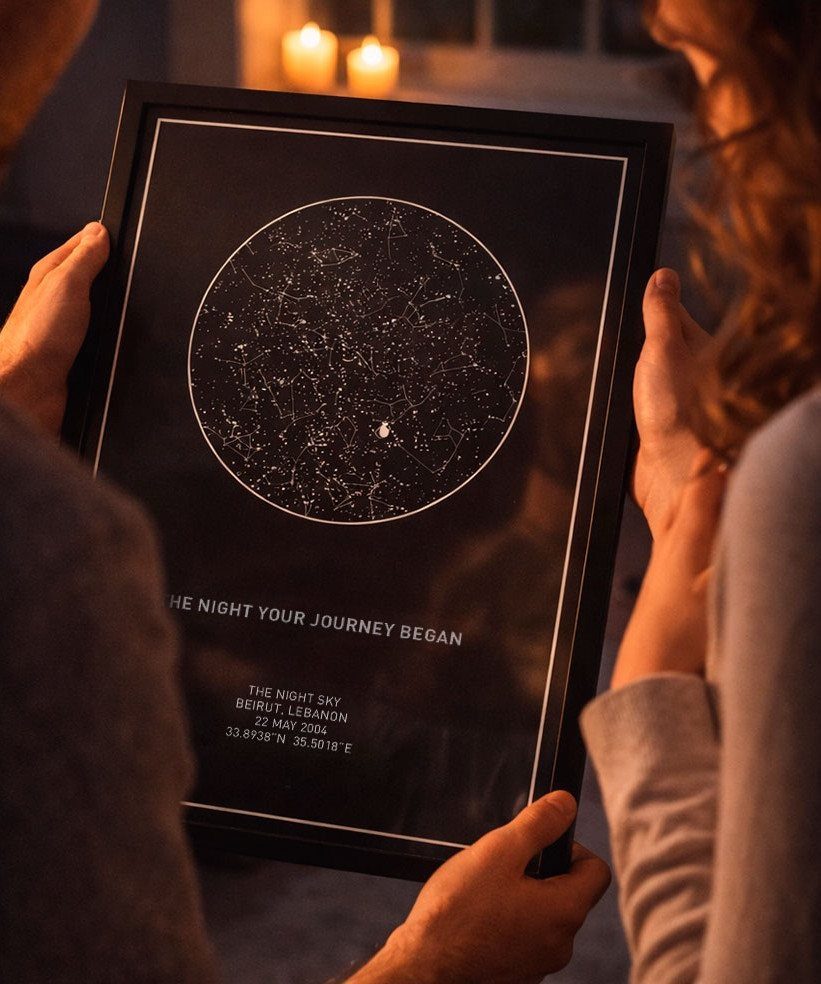 Couple holding a framed custom star map showing the night sky constellations.