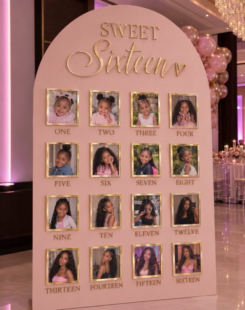 Pink arched photo display showing a girl's growth from age one to sixteen.