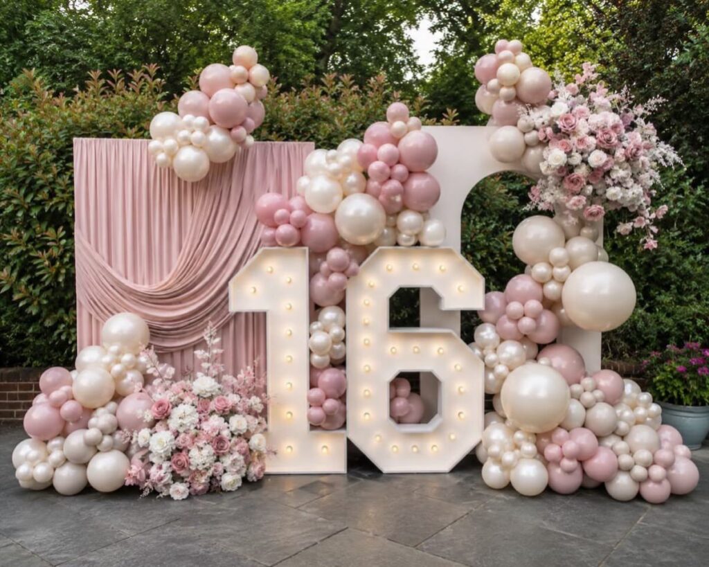 Large illuminated number 16 surrounded by pink balloons and floral arrangements outdoors.